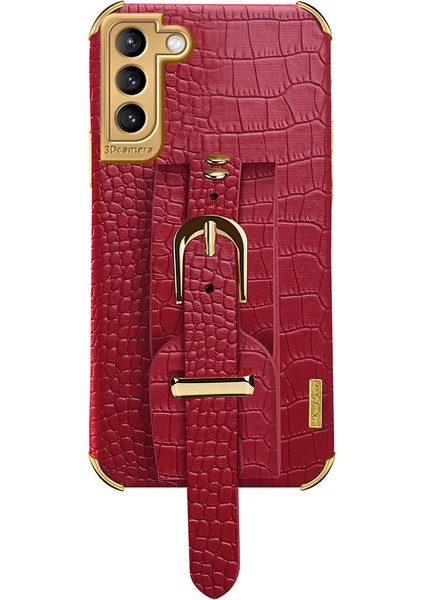 Samsung Galaxy S23 Timsah Doku Deri Kaplamalı Tpu Telefon Kapak Kayışı Kickstand Elektrokaplama Geri Kılıf (Yurt Dışından)