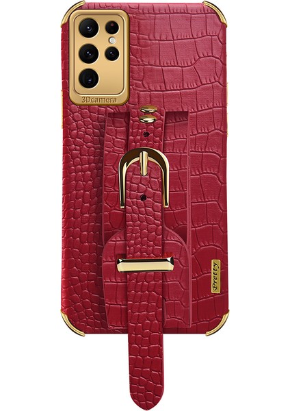 Samsung Galaxy S23 Ultra Pu Deri Kaplamalı Tpu Kılıf Timsah Doku El Kayışı Kickstand Elektro -Kapak (Yurt Dışından)