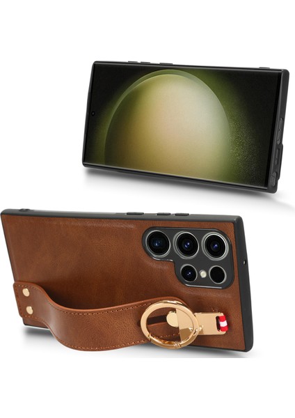 Samsung Galaxy S23 Ultra Bileklik Kickstand Deri Kaplama Telefon Kapağı Pc+Tpu Boyun Kayışı ile Kılıf (Yurt Dışından) modelleri