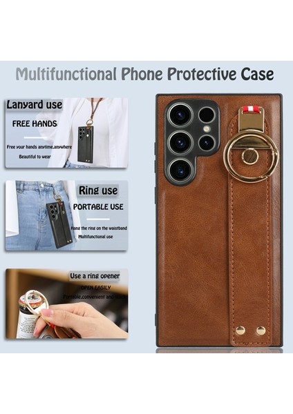 Samsung Galaxy S23 Ultra Bileklik Kickstand Deri Kaplama Telefon Kapağı Pc+Tpu Boyun Kayışı ile Kılıf (Yurt Dışından) fırsatları