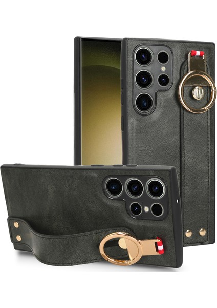 Samsung Galaxy S23 Ultra Bileklik Kickstand Deri Kaplama Telefon Kapağı Pc+Tpu Boyun Kayışı ile Kılıf (Yurt Dışından)