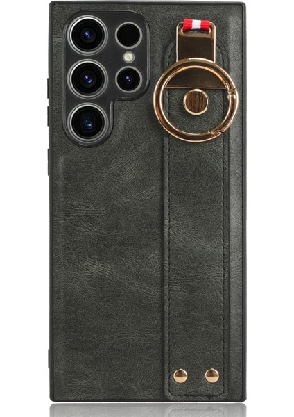 Samsung Galaxy S23 Ultra Bileklik Kickstand Deri Kaplama Telefon Kapağı Pc+Tpu Boyun Kayışı ile Kılıf (Yurt Dışından)