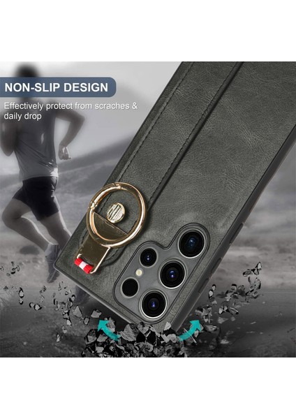 Samsung Galaxy S23 Ultra Bileklik Kickstand Deri Kaplama Telefon Kapağı Pc+Tpu Boyun Kayışı ile Kılıf (Yurt Dışından)