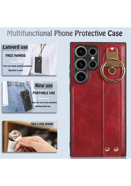 Samsung Galaxy S23 Ultra Bileklik Kickstand Deri Kaplama Telefon Kapağı Pc+Tpu Boyun Kayışı ile Kılıf (Yurt Dışından)