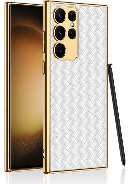 Samsung Galaxy S23 Ultra Elektrokaplama Çerçevesi Telefon Kılıfı Dokuma Doku Deri Kaplamalı Pc + Tpu Kapak (Yurt Dışından)