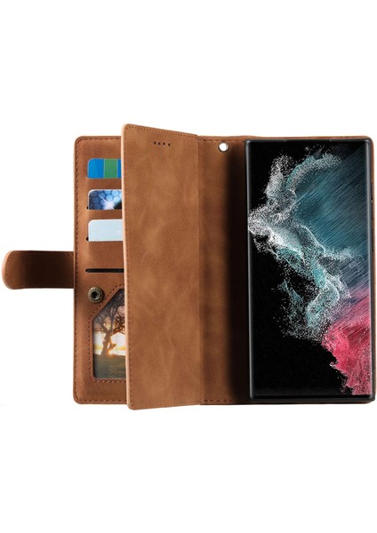 Samsung Galaxy S23 Ultra 5g Fermuar Cep 9 Kart Yuvaları Tasarım Pu Deri Deri Kapak Katlanabilir Stand Telefon Damla Koruma Kılıfı El Kayışı (Yurt Dışından) fiyatları