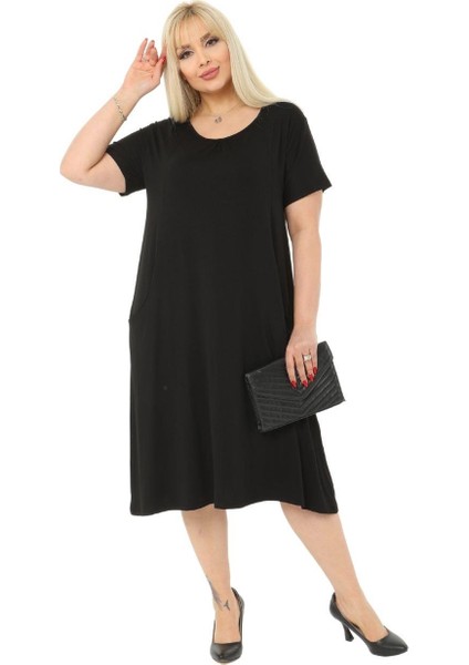 Butik Siyah Kuplu Cepli Kısa Kol Kadın Midi Elbise