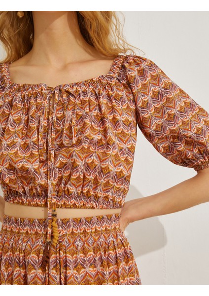 Crop Bluz Etnik Baskılı Lastik Detaylı indirimleri