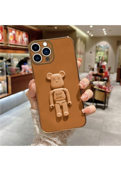 Apple iPhone 13 Pro Kılıf Standlı Robotix Silikon Kılıf Kahverengi