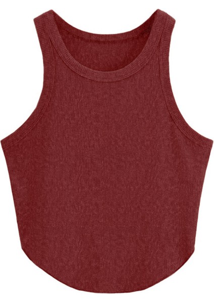 Kadın Oval Etekli Melanj Bordo Renk Bisiklet Yaka Crop Top Bluz