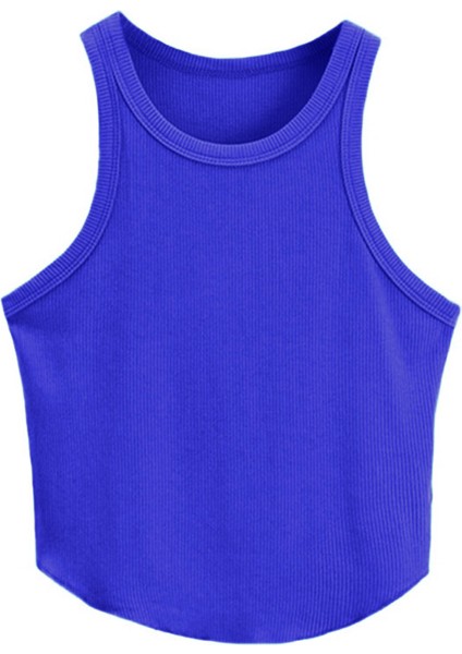 Kadın Oval Etekli Mavi Renk Bisiklet Yaka Crop Top Bluz