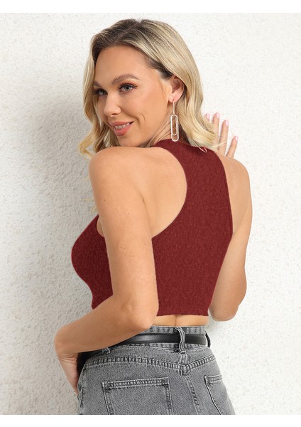 Kadın Bisiklet Yaka Melanj Bordo Renk Crop Top Bluz