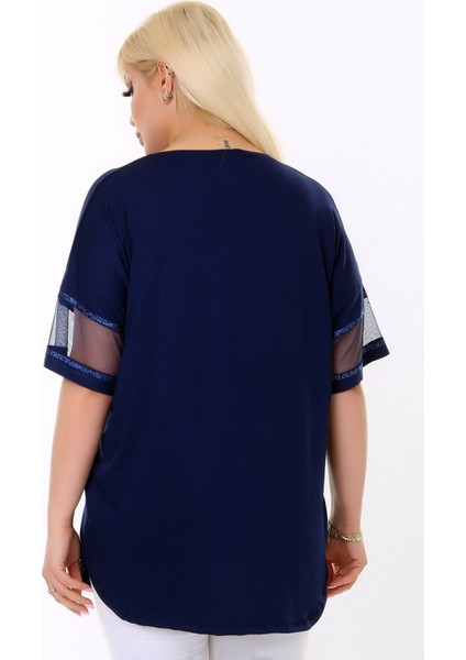 Yuvarlak Yaka Tül Şeritli Kısa Kol Yaprak Desen Taş Baskılı Rahat Likralı Esnek Büyük Beden Bluz fiyatları