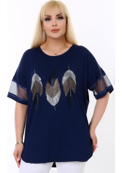 Yuvarlak Yaka Tül Şeritli Kısa Kol Yaprak Desen Taş Baskılı Rahat Likralı Esnek Büyük Beden Bluz modelleri