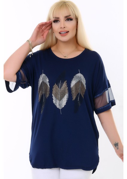 Yuvarlak Yaka Tül Şeritli Kısa Kol Yaprak Desen Taş Baskılı Rahat Likralı Esnek Büyük Beden Bluz indirimleri