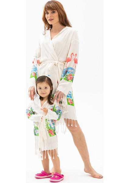 Bambu Baskılı Flamingo Desen Çocuk Bornoz Krem Krm