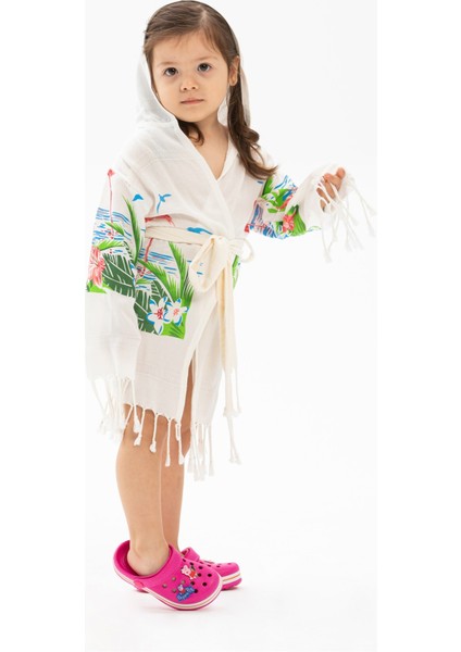 Bambu Baskılı Flamingo Desen Çocuk Bornoz Krem Krm