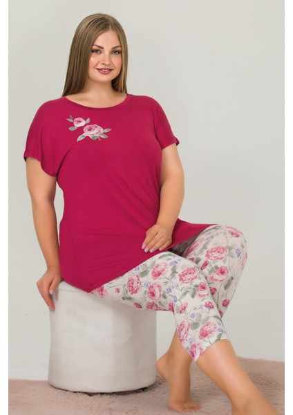 Bordo Renk ve Çiçek Desenli Lady 10641 Battal Büyük Beden Kapri Pijama Takımı fiyatları