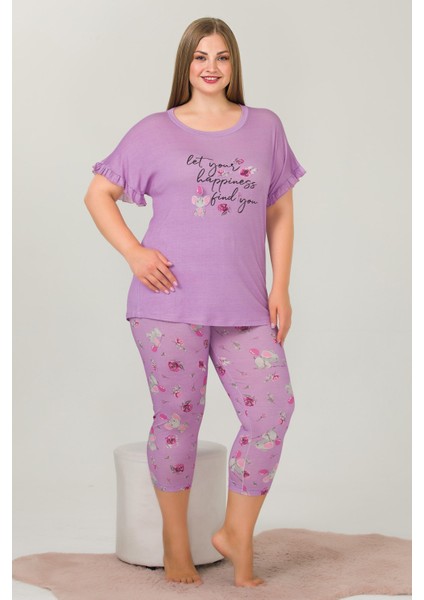 Lila Renk ve Çiçek Desenli Lady 10643 Battal Büyük Beden Kapri Pijama Takımı