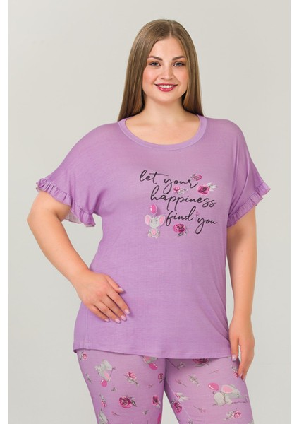 Lila Renk ve Çiçek Desenli Lady 10643 Battal Büyük Beden Kapri Pijama Takımı modelleri