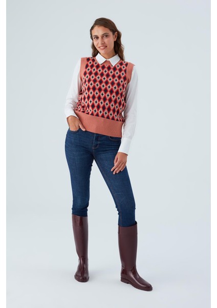 TRUDY SLIPOVER Baklava Desenli Standart Kesim Kadın Triko Süveter - Multi Somon