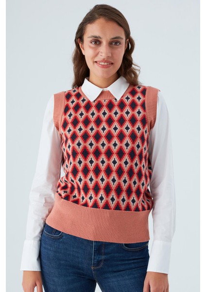 TRUDY SLIPOVER Baklava Desenli Standart Kesim Kadın Triko Süveter - Multi Somon fiyatları