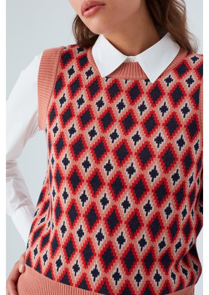 TRUDY SLIPOVER Baklava Desenli Standart Kesim Kadın Triko Süveter - Multi Somon modelleri