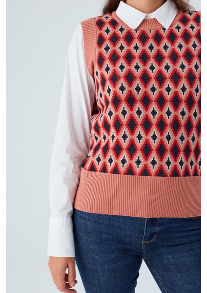 TRUDY SLIPOVER Baklava Desenli Standart Kesim Kadın Triko Süveter - Multi Somon fırsatları