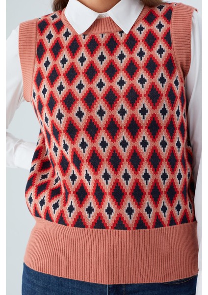 TRUDY SLIPOVER Baklava Desenli Standart Kesim Kadın Triko Süveter - Multi Somon indirimleri