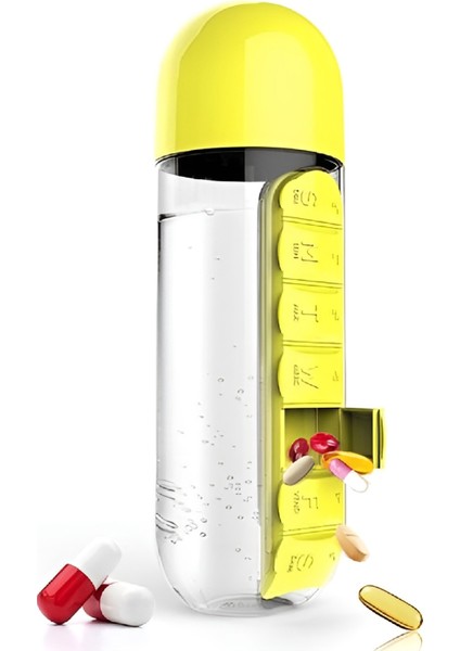 Vitamin Ilaç Saklama Su Şişesi 600 ml Sızdırmaz Kapak Bardak Suluk Düzenleyici Hap Kutulu Matara