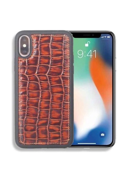 Kahve Büyük Croco Desenli Deri Apple iPhone x / Xs Kılıfı