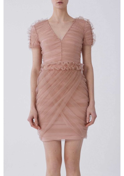 Kısa Kol Drapeli Tül Abiye Elbise Pudra Y2111313_055
