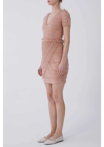 Kısa Kol Drapeli Tül Abiye Elbise Pudra Y2111313_055 modelleri