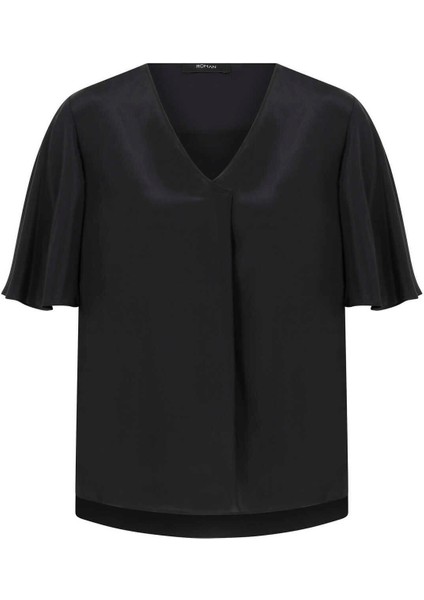 %100 İpek V Yaka Kısa Kollu Bluz Siyah K2213001_001