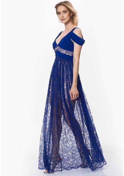 Omuz Detaylı Dantelli Elbise Saks Y1721026_021 fırsatları