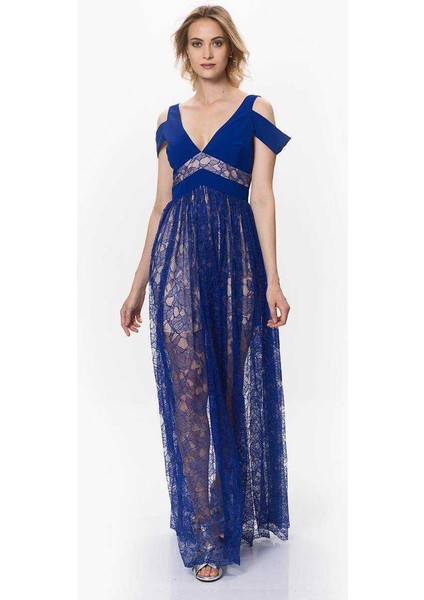 Omuz Detaylı Dantelli Elbise Saks Y1721026_021