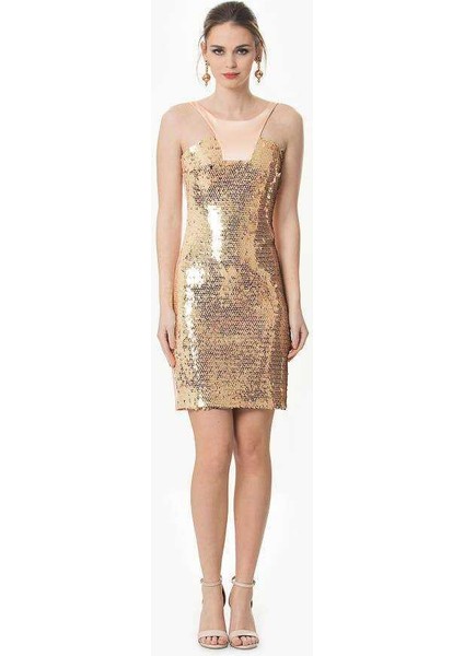 Payetli Yaka Detaylı Mini Gold Abiye Elbise Gold Y1611067_076 fırsatları
