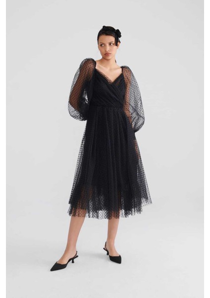 Puantiyeli Transparan Abiye Elbise Siyah K2311302_001