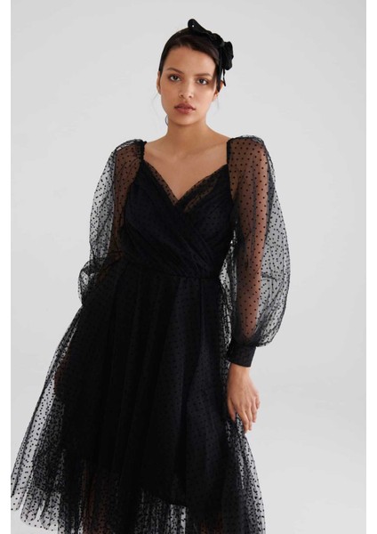 Puantiyeli Transparan Abiye Elbise Siyah K2311302_001 modelleri