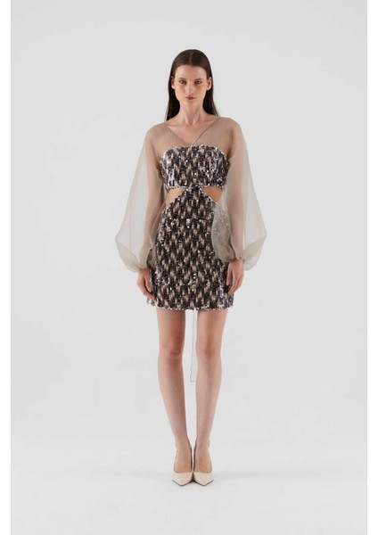 Payet Organze Diz Boy Elbise Kahve K2311324_005