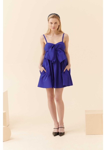 Fiyonk Detaylı Mini Tafta Saks Abiye Elbise Saks Y2311328_021