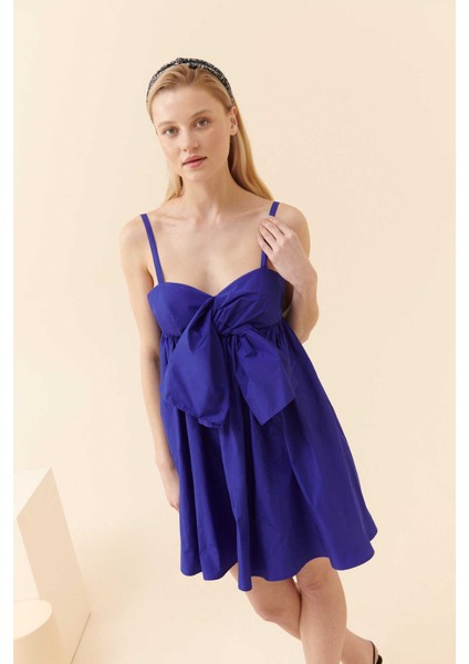 Fiyonk Detaylı Mini Tafta Saks Abiye Elbise Saks Y2311328_021 modelleri
