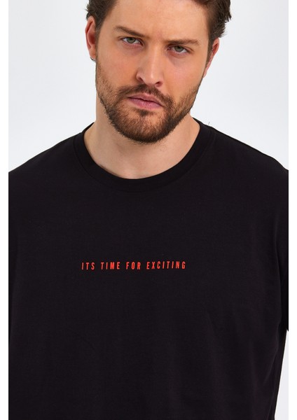 Siyah Baskılı Basic Erkek Oversize Bisiklet Yaka Kısa Kollu T-Shirt