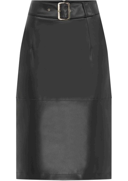 Tokalı Suni Deri Midi Etek Siyah K2315027_001