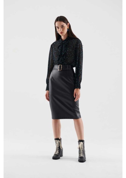 Tokalı Suni Deri Midi Etek Siyah K2315027_001