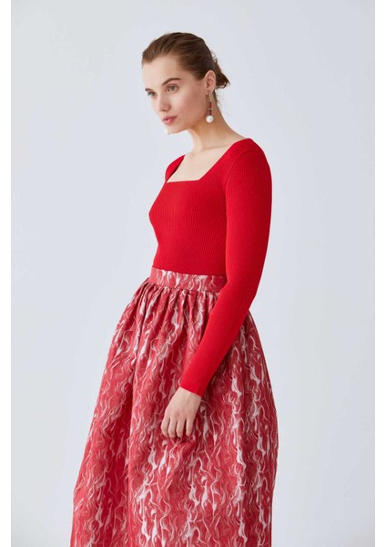 Desenli Kabarık Etek Kırmızı-Beyaz K2015072_129 indirimleri