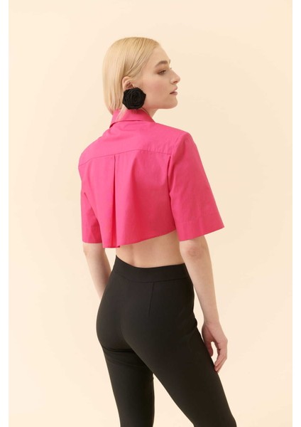 Crop Poplin Kadın Gömlek Fuşya Y2313538_003