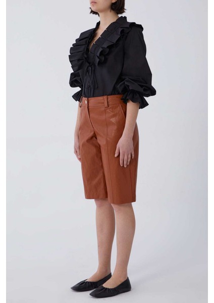 Deri Görünümlü Bermuda Taba Pantolon Taba Y2112079_022 modelleri