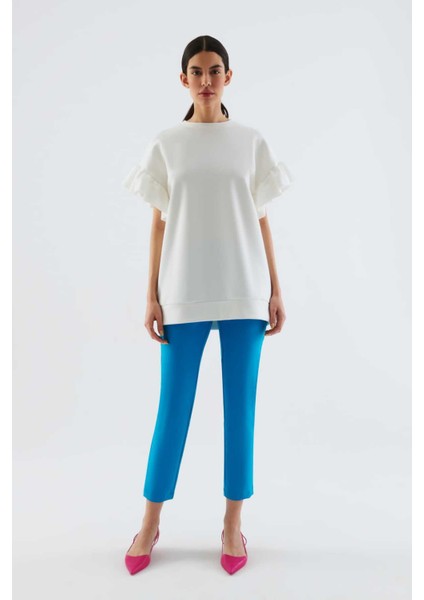 Kısa Kollu Pileli Kadın Sweatshirt Ekru Y2254213_049