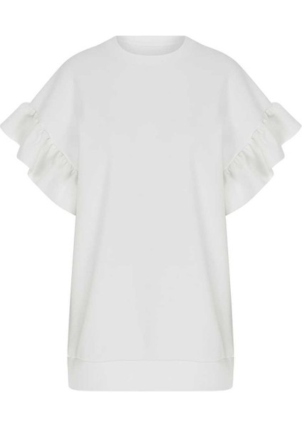 Kısa Kollu Pileli Kadın Sweatshirt Ekru Y2254213_049